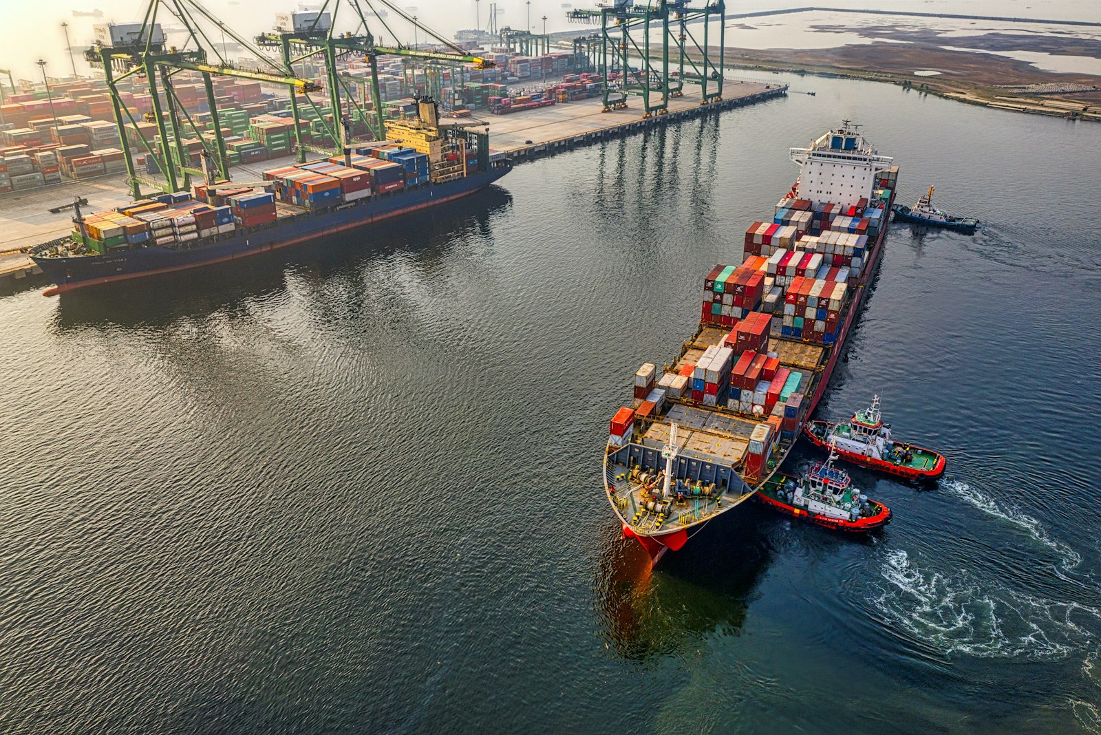 Container vessels working a terminal at first light